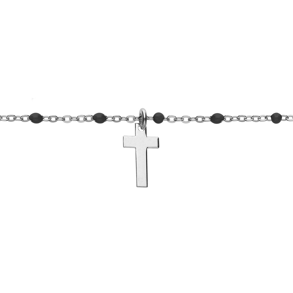 Bracelet en argent rhodi� cha�ne avec boules couleur noires pampille croix 15+3cm - Vue 1