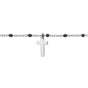Bracelet en argent rhodi chane avec boules couleur noires pampille croix 15+3cm - Vue 1