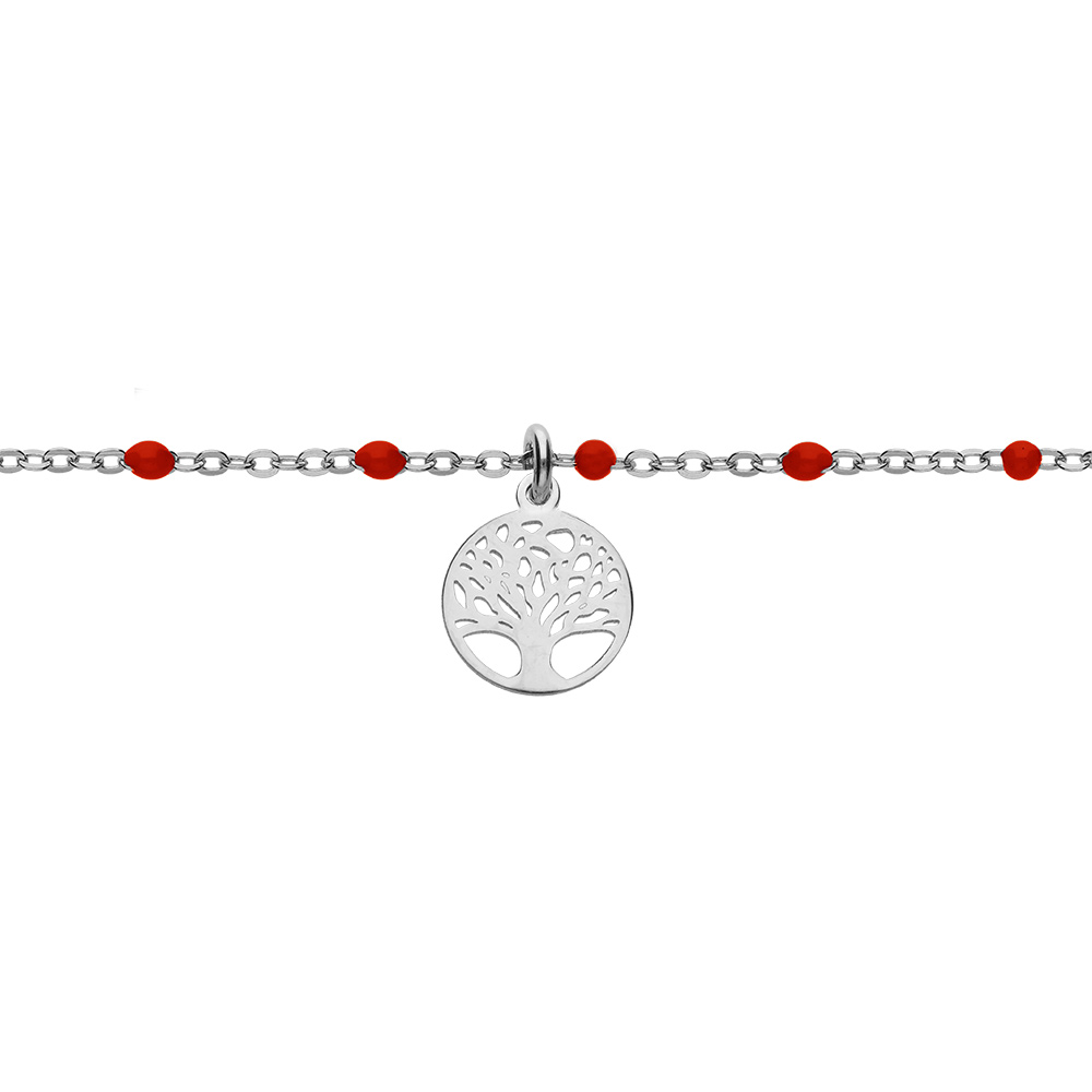 Bracelet en argent rhodi� cha�ne avec boules couleur rouge et pampille arbre de vie 15+3cm - Vue 1