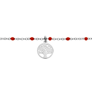 Bracelet en argent rhodié chaîne avec boules couleur rouge et pampille arbre de vie 15+3cm - Vue 1