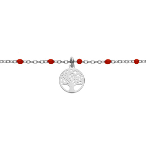 Bracelet en argent rhodi chane avec boules couleur rouge et pampille arbre de vie 15+3cm - Vue 1