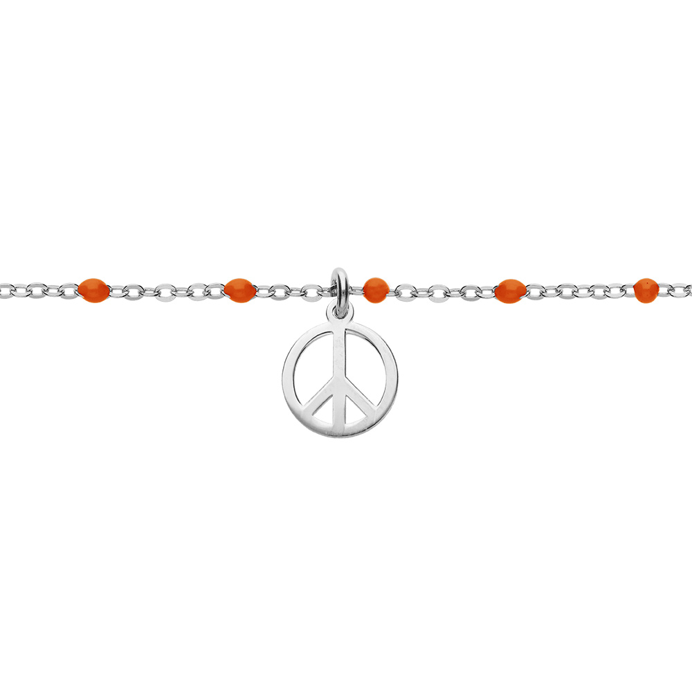Bracelet en argent rhodi� cha�ne avec boules couleur rouge motif peace and love 15+3cm - Vue 1