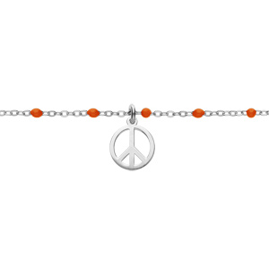 Bracelet en argent rhodi chane avec boules couleur rouge motif peace and love 15+3cm - Vue 1