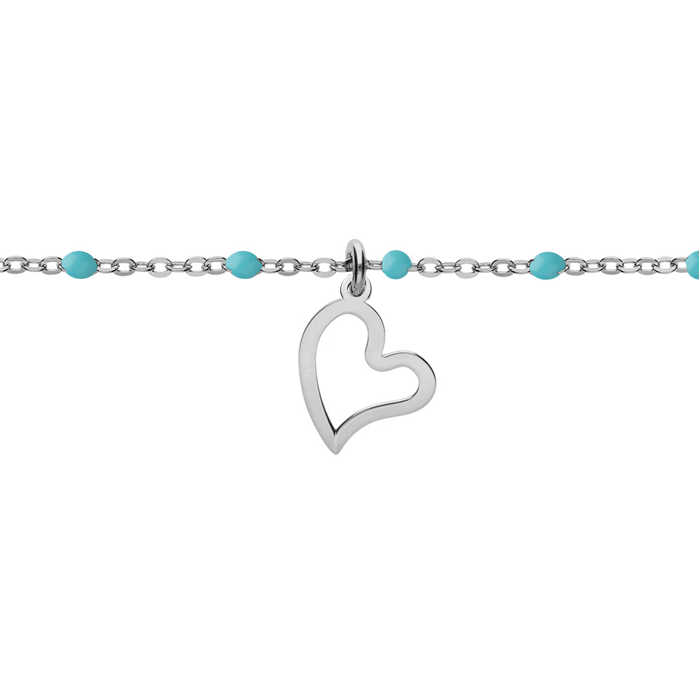 Bracelet en argent rhodi� cha�ne avec boules couleur turquoise avec pampille coeur 15+3cm - Vue 1