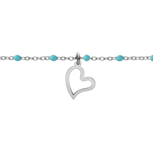 Bracelet en argent rhodi chane avec boules couleur turquoise avec pampille coeur 15+3cm - Vue 1