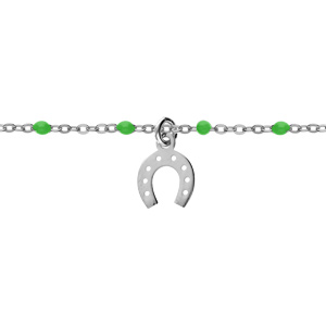 Bracelet en argent rhodié chaîne avec boules couleur verte et pampille fer à cheval 15+3cm - Vue 1