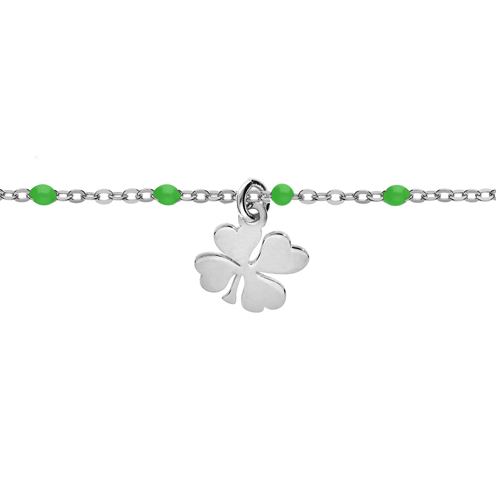 Bracelet en argent rhodi� cha�ne avec boules couleur verte et pampille tr�fle 15+3cm - Vue 1
