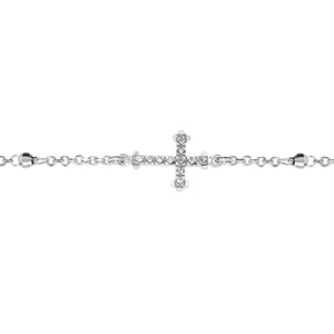 Bracelet en argent rhodi chane avec boules et 1 croix couche orne d\'oxydes blancs - longueur 16cm + 3cm de rallonge - Vue 1