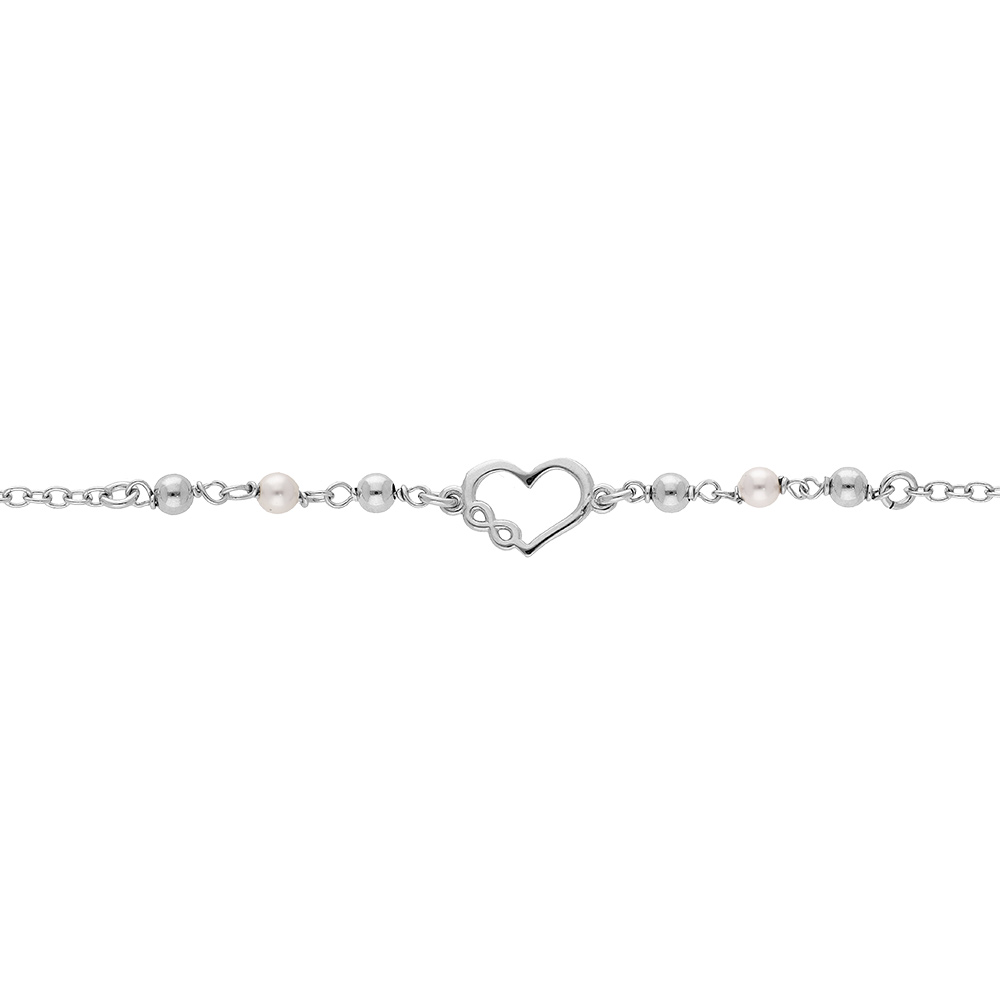 Bracelet en argent rhodi� cha�ne avec boules et perles blanches de synth�se avec coeur et infini 16+3cm - Vue 1