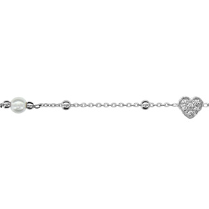 Bracelet en argent rhodi chane avec boules lisses, 1 coeur orn d\'oxydes blancs au milieu et 1 perle blanche synthtique - longueur 16cm + 3cm de rallonge - Vue 1