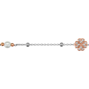 Bracelet en argent rhodi chane avec boules lisses, 1 trfle  4 feuilles dor rose et orn d\'oxydes blancs au milieu et 1 perle blanche synthtique - longueur 16cm + 3cm de rallonge - Vue 1