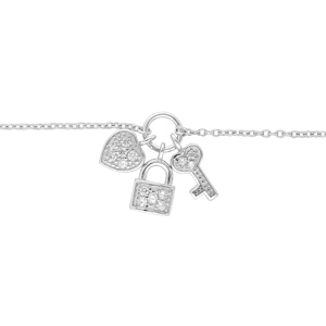 Bracelet en argent rhodi chane avec breloques cadenas coeur clefs paves d\'oxydes blancs 16+2cm - Vue 1