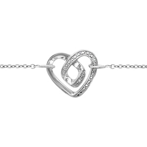 Bracelet en argent rhodi chane avec brin formant 1 coeur avec 1 boucle  l\'intrieur et orn d\'oxydes blancs - longueur 18cm + 2cm de rallonge - Vue 1