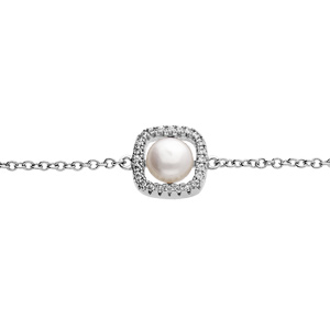 Bracelet en argent rhodi chane avec carr d\'oxydes blancs et Perle de culture d\'eau douce blanche 16+3cm - Vue 1