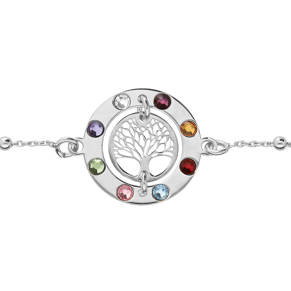 Bracelet en argent rhodi� cha�ne avec cercle arbre de vie contour pierres multi couleurs 16+3cm - Vue 1