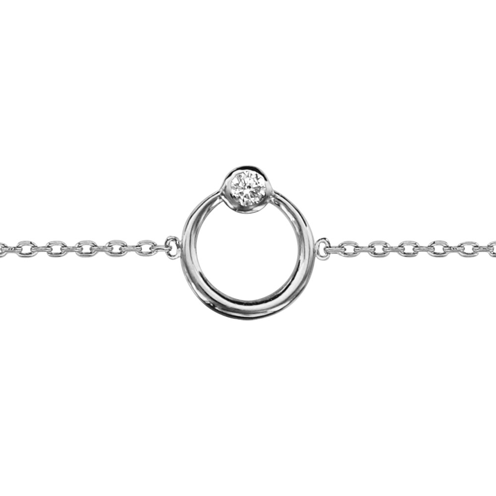 Bracelet en argent rhodi� cha�ne avec cercle et 1 oxyde blanc serti clos 16cm + 2cm - Vue 1