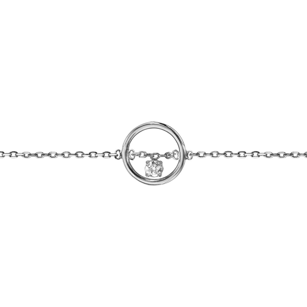 Bracelet en argent rhodi� cha�ne avec cercle et 1 oxyde blanc serti suspendu 16cm + 2cm - Vue 1