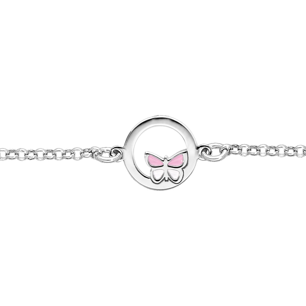Bracelet en argent rhodi� cha�ne avec cercle et petit papillon rose 15+2cm - Vue 1
