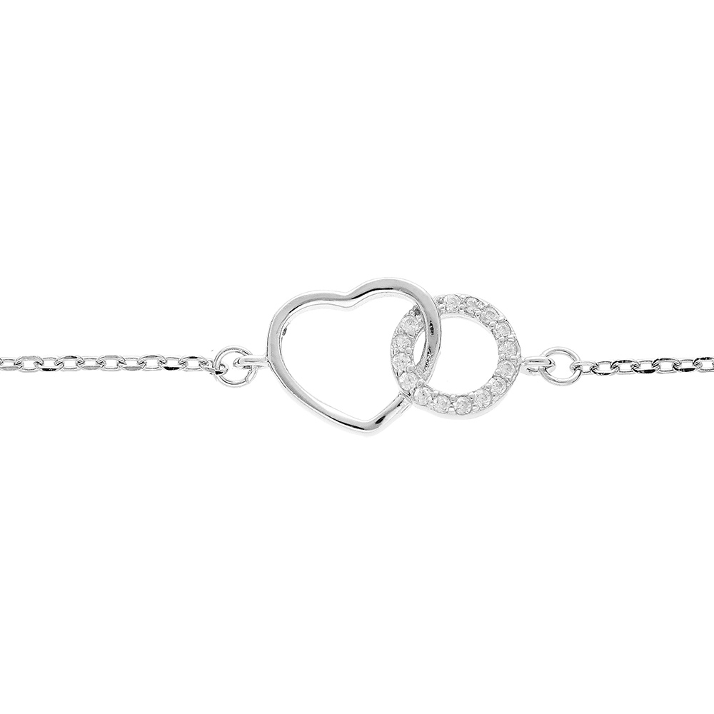 Bracelet en argent rhodi� cha�ne avec cercle oxydes blancs sertis entrelac� avec coeur lisse 16+3cm - Vue 1