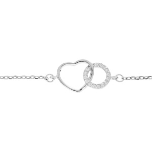 Bracelet en argent rhodi chane avec cercle oxydes blancs sertis entrelac avec coeur lisse 16+3cm - Vue 1
