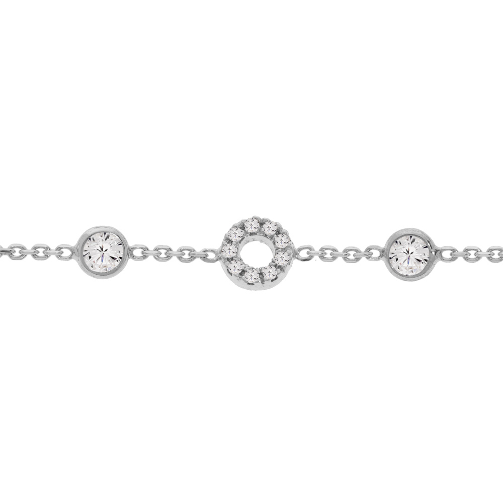 Bracelet en argent rhodi� cha�ne avec cercle pav� d\'oxydes blancs sertis et 6 oxydes en chute blancs sertis 16+3cm - Vue 1