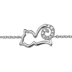 Bracelet en argent rhodi chane avec chat ajour stylis avec queue orne d\'oxydes blancs - longueur 16cm + 2cm de rallonge - Vue 1