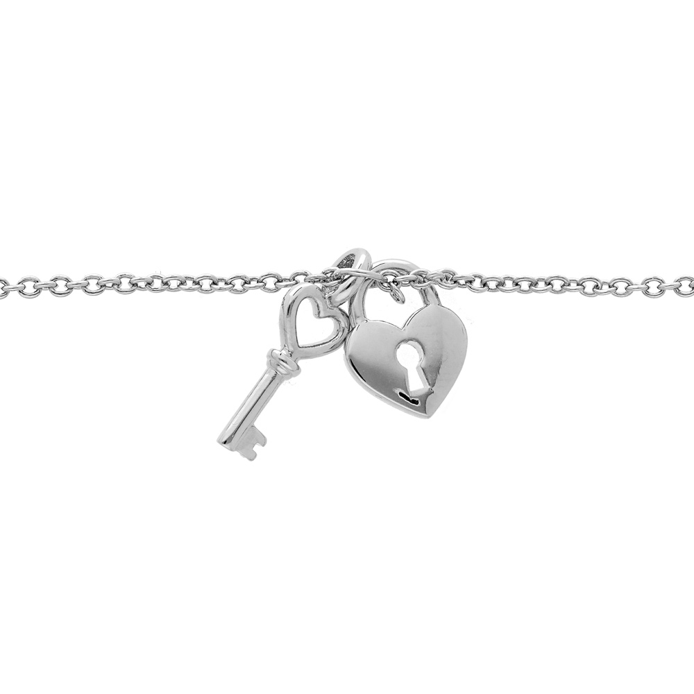 Bracelet en argent rhodi� cha�ne avec clef et cadenas lisse 16+2cm - Vue 1