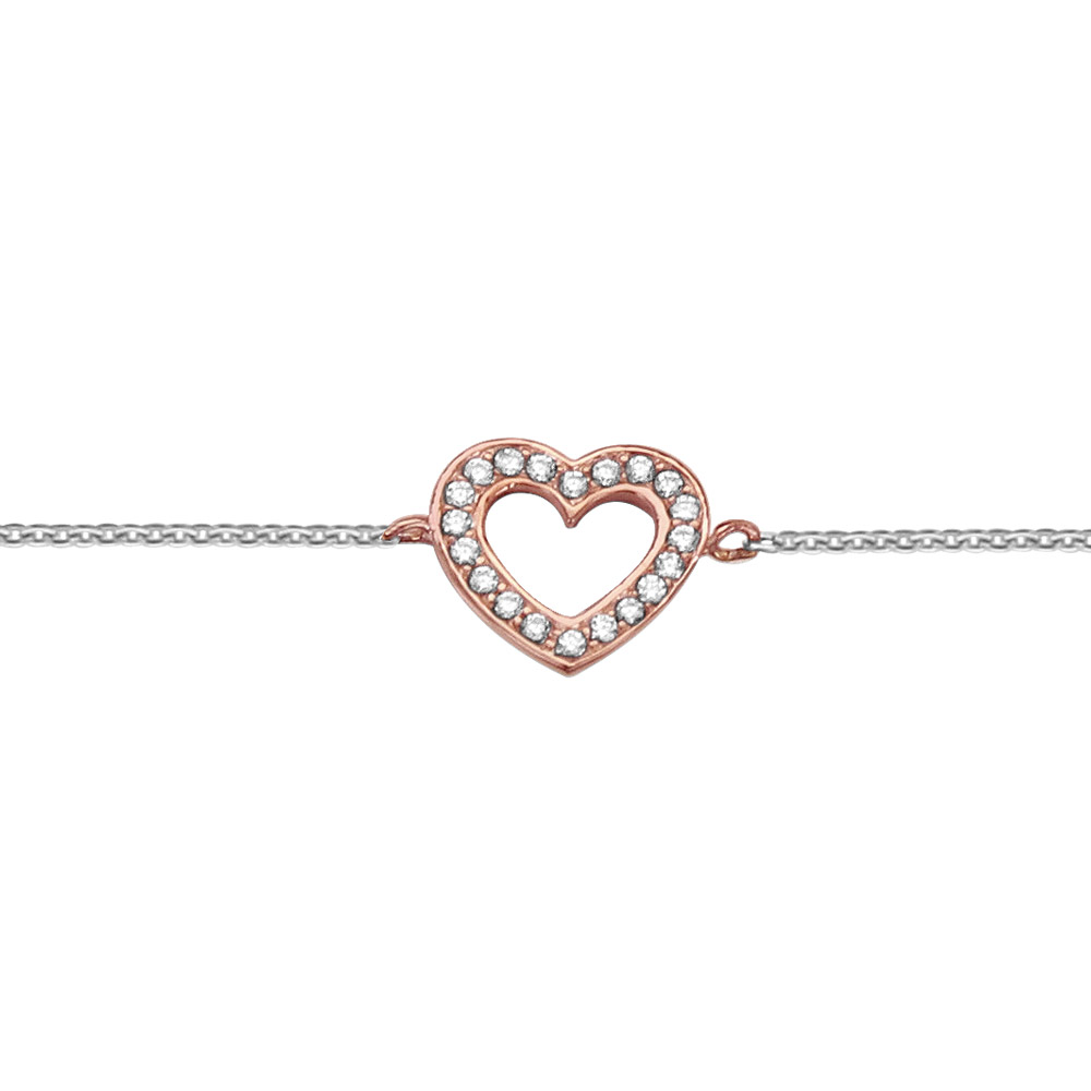 Bracelet en argent rhodi� cha�ne avec coeur ajour� dorure jaune orn� d\'oxydes blancs 16+2cm - Vue 1