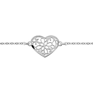 Bracelet en argent rhodi chane avec coeur ajour en forme de fleur - longueur 16cm + 3cm de rallonge - Vue 1