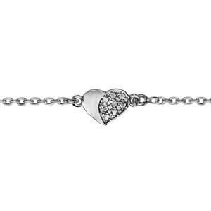 Bracelet en argent rhodi chane avec coeur dont 1 partie lisse et l\'autre orne d\'oxydes blancs - longueur 15cm + 3cm de rallonge - Vue 1