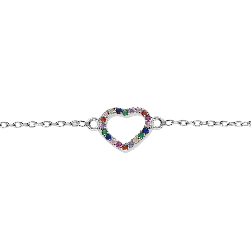 Bracelet en argent rhodi� cha�ne avec coeur empierr�s multi couleurs 15+3cm - Vue 1