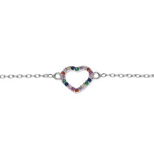 Bracelet en argent rhodi chane avec coeur empierrs multi couleurs 15+3cm - Vue 1