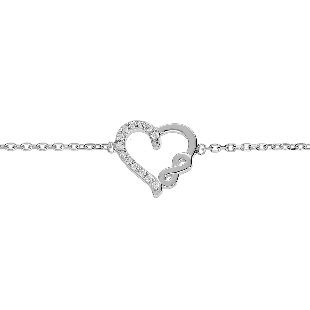Bracelet en argent rhodi� cha�ne avec coeur et infini oxydes blancs sertis 16+2cm - Vue 1