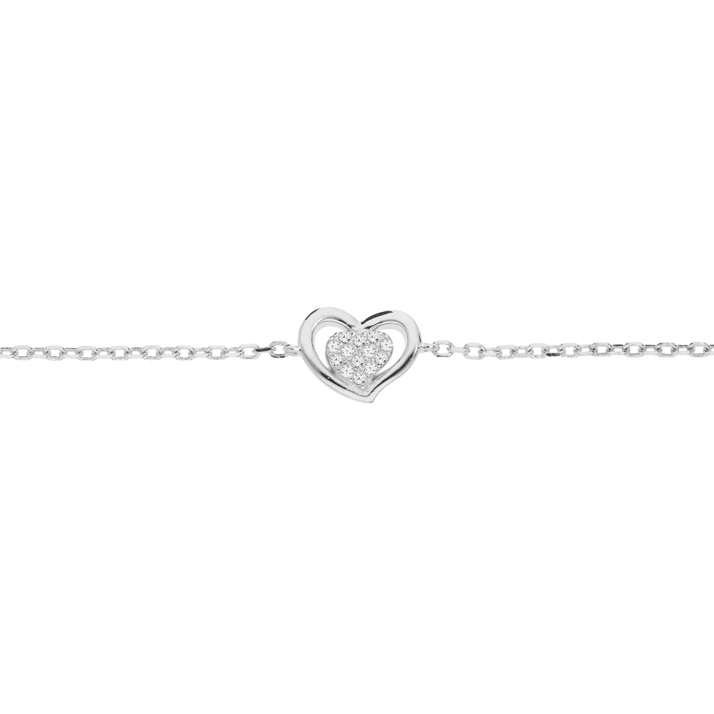 Bracelet en argent rhodi chane avec coeur et oxydes blancs sertis 16+3cm - Vue 1