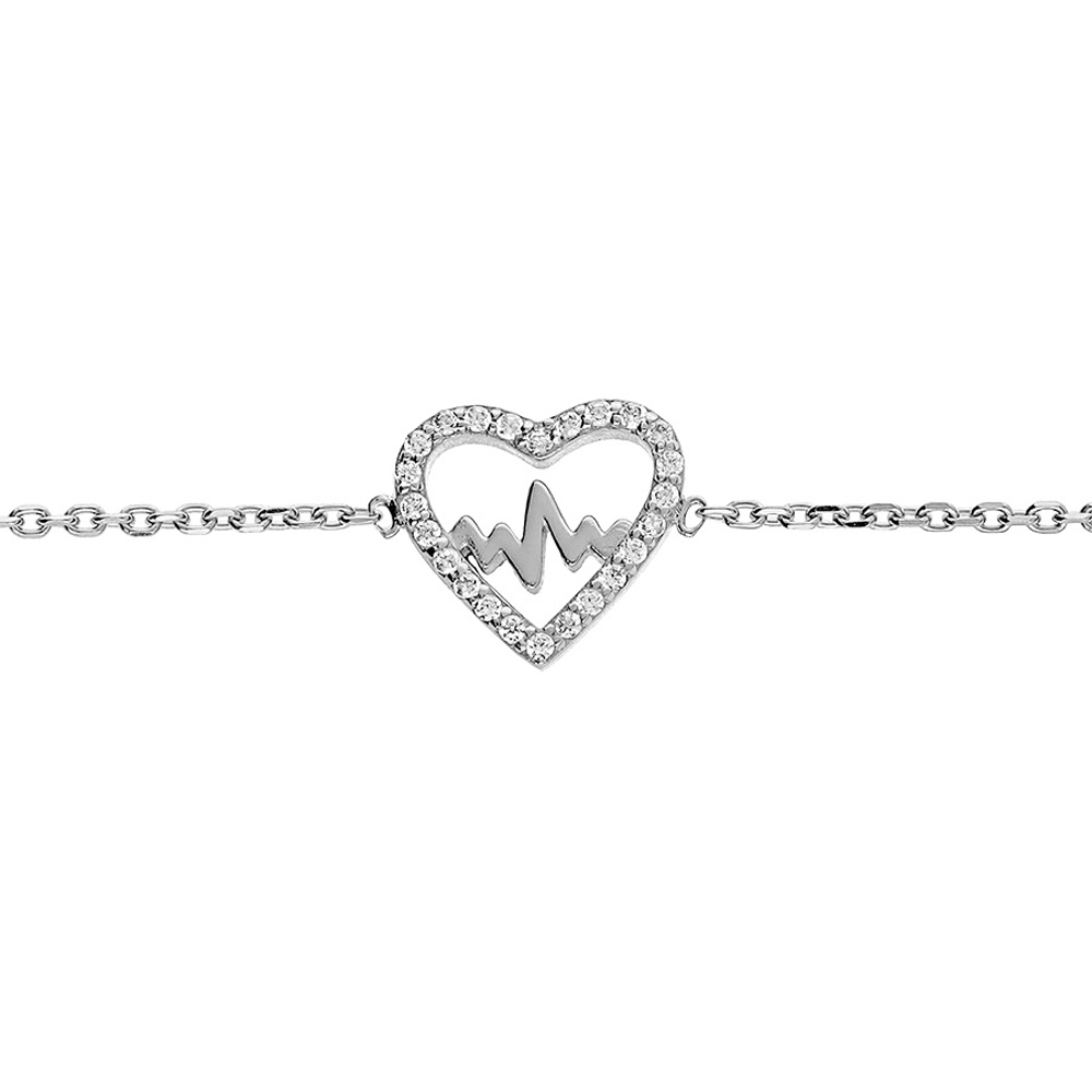 Bracelet en argent rhodi� cha�ne avec coeur motif courbe de vie et oxydes blancs sertis 16+2cm - Vue 1