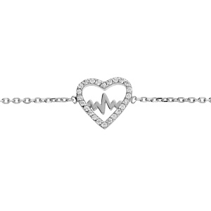 Bracelet en argent rhodi chane avec coeur motif courbe de vie et oxydes blancs sertis 16+2cm - Vue 1