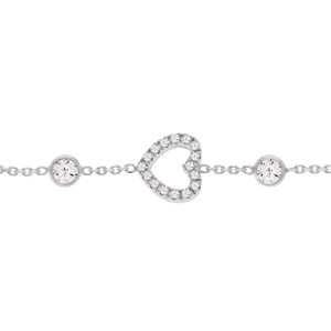 Bracelet en argent rhodi chane avec coeur oxydes blancs sertis et 6 oxydes en chute blancs sertis 16+3cm - Vue 1