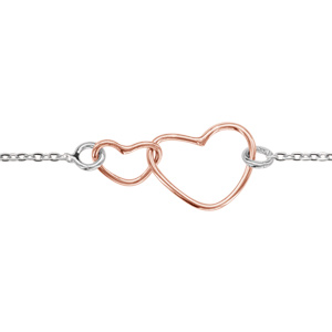 Bracelet en argent rhodi chane avec 2 coeurs dors roses emmaills au milieu - longueur 16cm + 3cm de rallonge - Vue 1