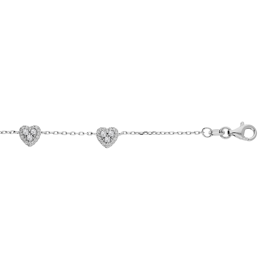 Bracelet en argent rhodi� cha�ne avec coeurs oxydes blancs sertis 16+3cm - Vue 1