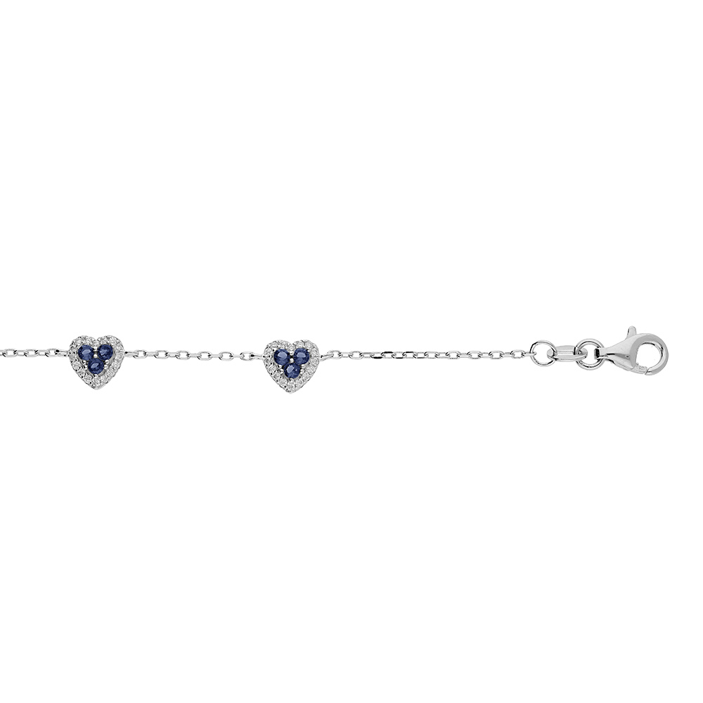 Bracelet en argent rhodi� cha�ne avec coeurs oxydes bleus et blancs sertis 16+3cm - Vue 1