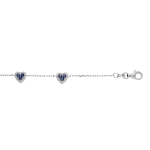 Bracelet en argent rhodi chane avec coeurs oxydes bleus et blancs sertis 16+3cm - Vue 1