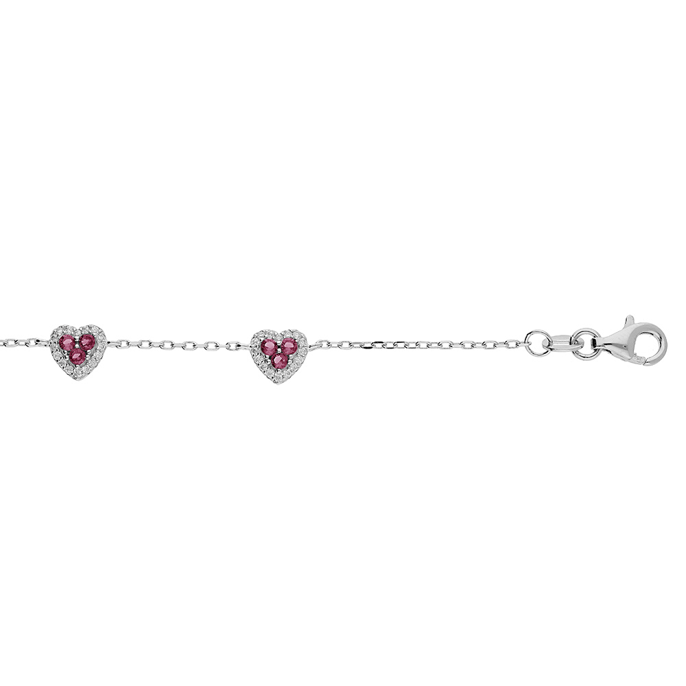 Bracelet en argent rhodi� cha�ne avec coeurs oxydes rouge et blancs sertis 16+3cm - Vue 1