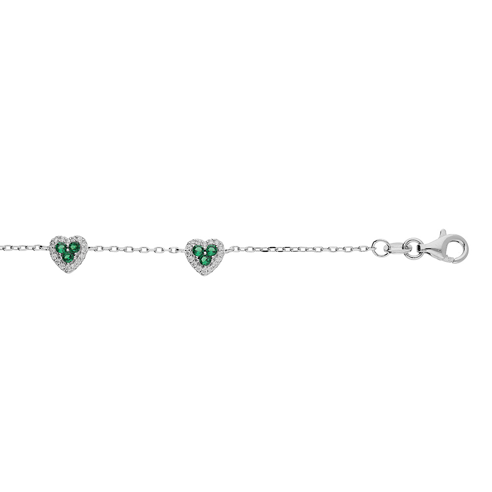 Bracelet en argent rhodi� cha�ne avec coeurs oxydes verts et blancs sertis 16+3cm - Vue 1