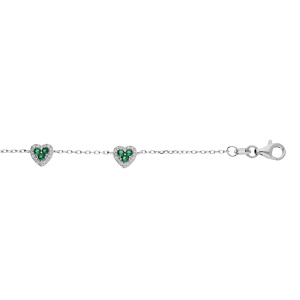 Bracelet en argent rhodi chane avec coeurs oxydes verts et blancs sertis 16+3cm - Vue 1
