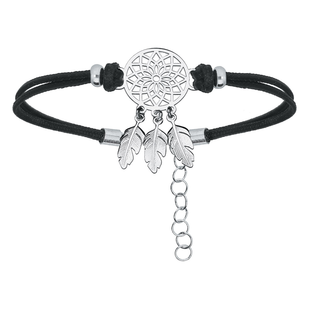 Bracelet en argent rhodi� cha�ne avec cordon noir et attrape r�ve 16+3cm - Vue 1