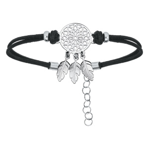 Bracelet en argent rhodi chane avec cordon noir et attrape rve 16+3cm - Vue 1