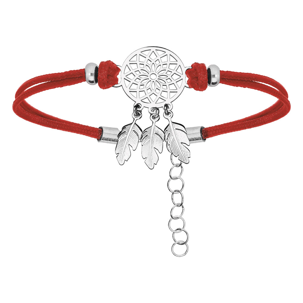 Bracelet en argent rhodi� cha�ne avec cordon rouge et attrape r�ve 16+3cm - Vue 1