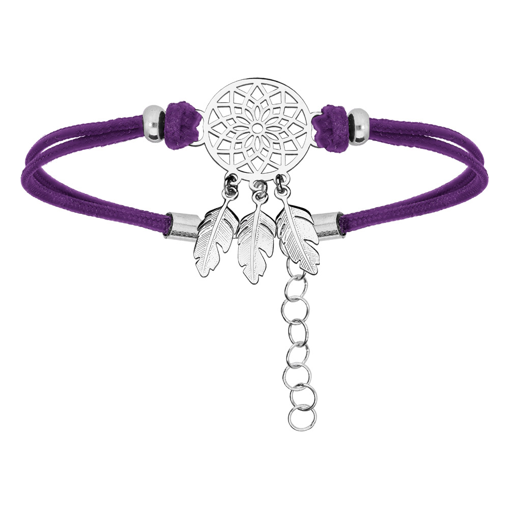 Bracelet en argent rhodi� cha�ne avec cordon violet et attrape r�ve 16+3cm - Vue 1