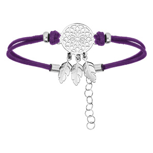 Bracelet en argent rhodi chane avec cordon violet et attrape rve 16+3cm - Vue 1