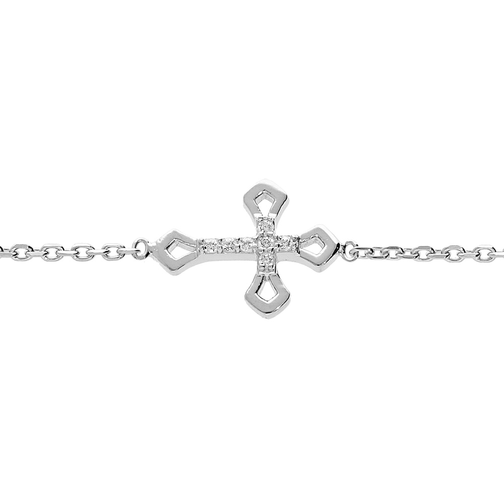 Bracelet en argent rhodi� cha�ne avec croix et oxydes blancs sertis 16+2cm - Vue 1
